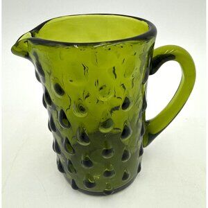 Vtg Handled Small Blown Art Glass Teardrop Pattern Avocado Green Pitcher/Creamer